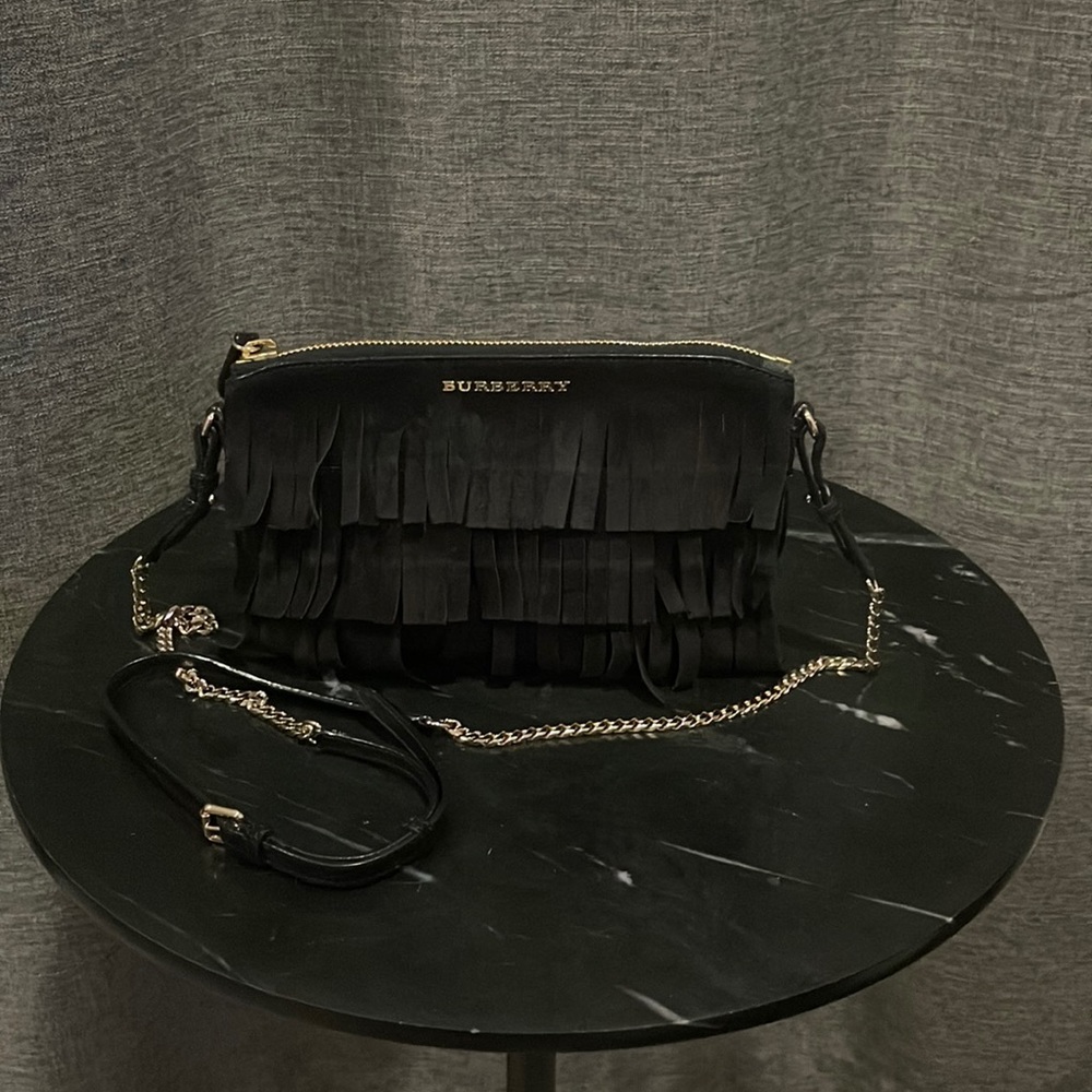 BURBERRY Fringe Peyton Black Suede Shoulder Bag